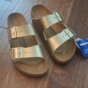 NEW BIRKENSTOCK ARIZONA SLIDE SANDAL IN METALLIC GOLD